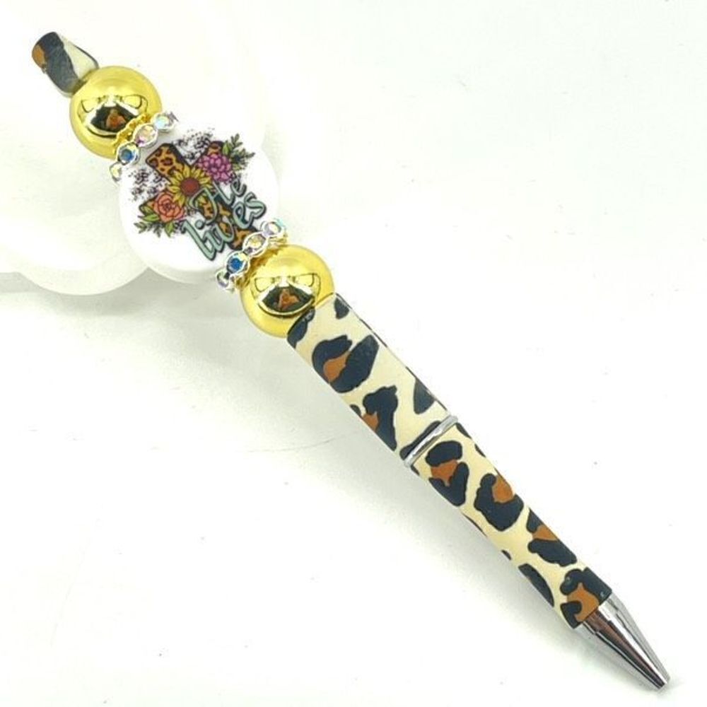 He Lives leopard cross Christ Christian Jesus pen handmade NEW bling rhinestone